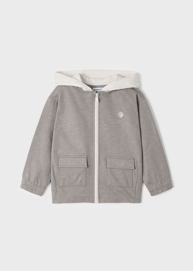 Mayoral boys relaxed zippered hoodie jacket, fossil lt grey, front view