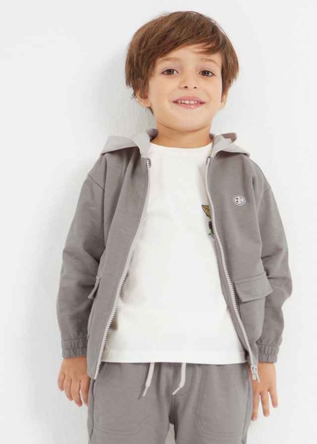 Mayoral boys relaxed zippered hoodie jacket, fossil lt grey, view 3