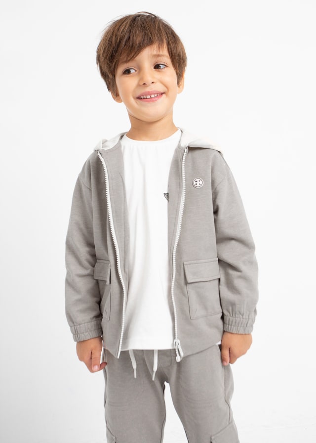 Mayoral boys relaxed zippered hoodie jacket, fossil lt grey, view 2