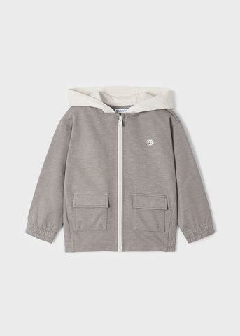 3458 Mayoral Mini Boys Relaxed Zippered Hoodie Jacket, Fossil Lt Grey