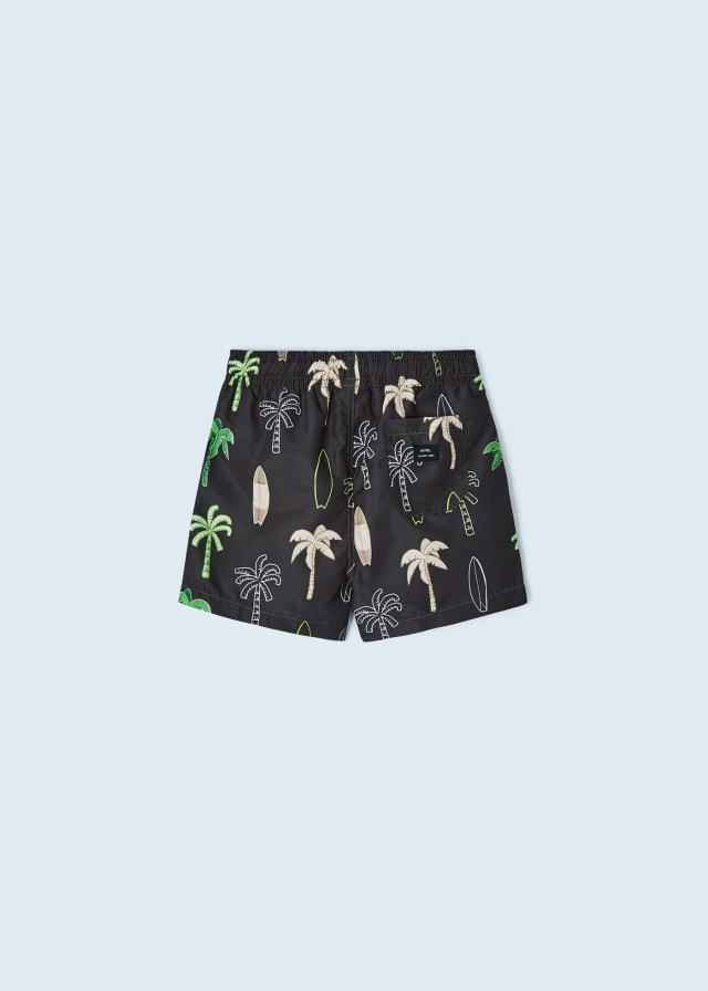 Mayoral boys printed swim trunk shorts, black & green palm surf, back view