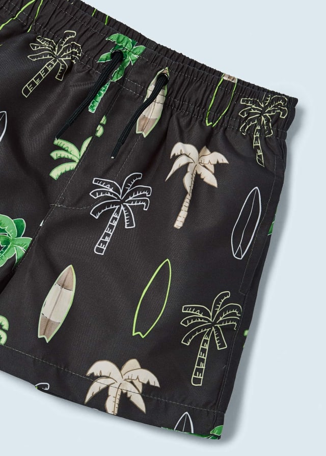 Mayoral boys printed swim trunk shorts, black & green palm surf, detail
