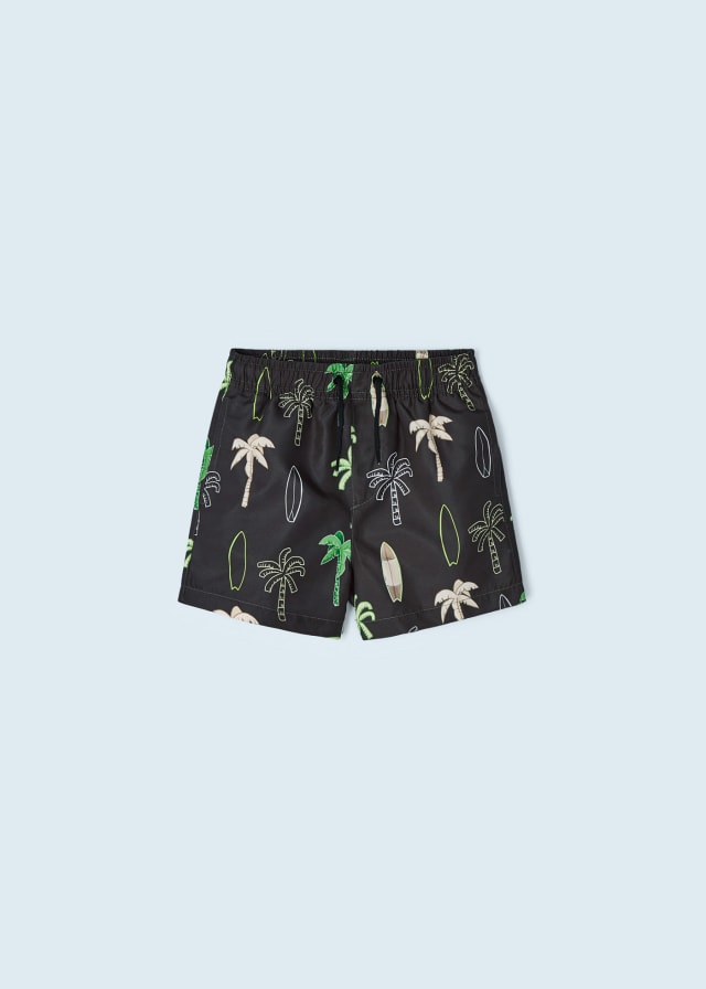 Mayoral boys printed swim trunk shorts, black & green palm surf, front view