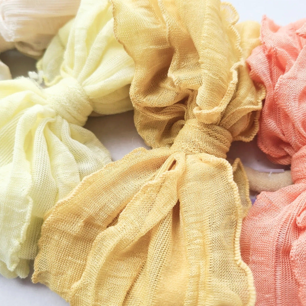 4.5 inch crinkle bow nylon baby headband, yellow and pink