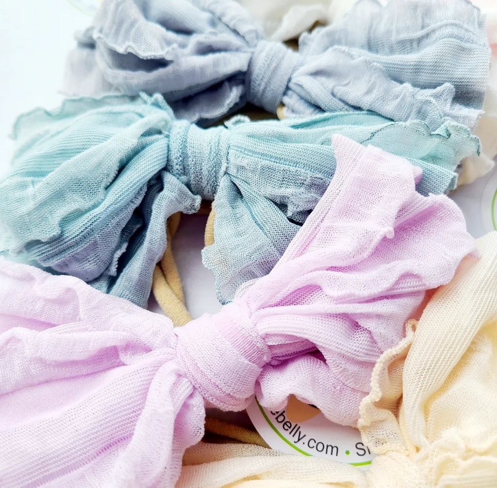 4.5 inch crinkle bow nylon baby headband, blue and lavender