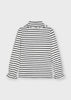 Ruffled High Neck Collar Rib Knit T-Shirt, Black and White Striped, Elastic Cuffs, Back