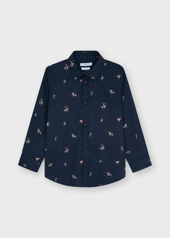 4170 Mayoral Eco-sustainable Boys Cowboy/Horse Print Collared Shirt, Navy Blue