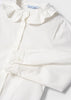 Girls Poplin White Blouse, Long Sleeved Button Up Blouse, Round Neckline, Ruffled Neckline and Cuffs, Front 