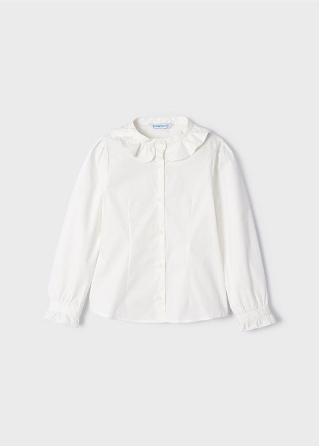 Mayoral Girls Poplin White mock Collared bBlouse, Long Sleeve, Ruffled Blouse, Button Up, Front