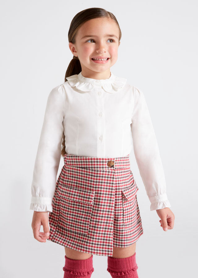 Girls Long Sleeved Blouse, White, Ruffled Neckline and Cuff, Button Down Blouse, Front