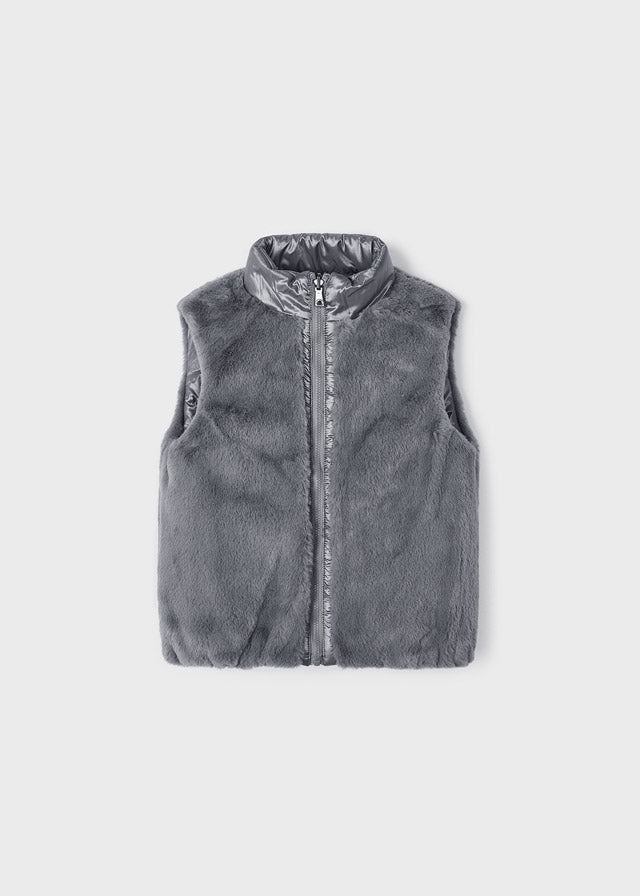 Girls Mayoral Reversible Vest, Soft Faux Fur, Zippered Sleeveless Vest, Steel, Front