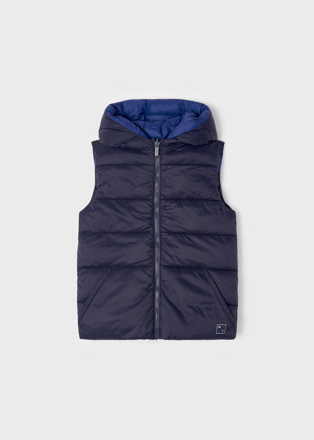 Mayoral Boys Navy Blue Puffer Vest, Hooded Sleeveless with Front Central Zipper Fastening, Front