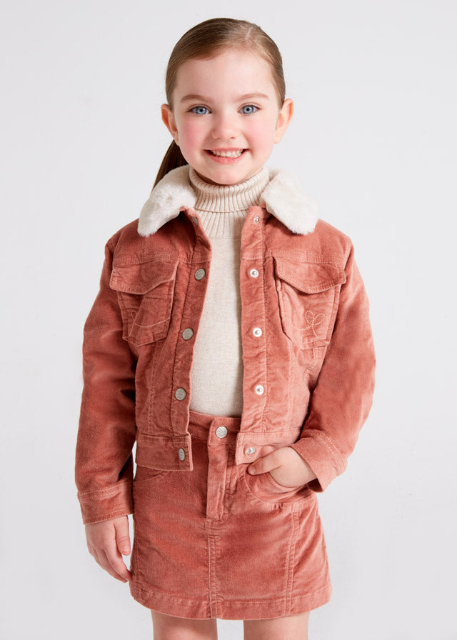 Girls Corduroy Jacket, Mayoral, Nude/Blush Pink, Removable Faux Fur, Functional Pockets and Snap Button Fastening