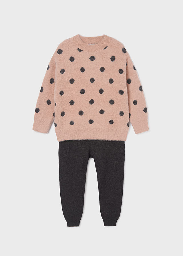 Mayoral Girls 2PC Knitted Tracksuit, Long Sleeved Polka Dotted Rosy Sweater, Matching Black Pants, Front
