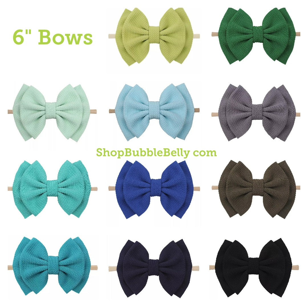 6 inch bow nylon headband, blues and greens, assorted colors