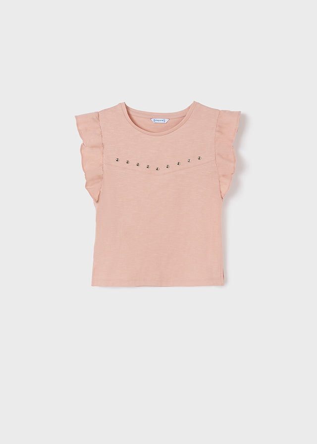 Mayoral Girls Pink Studded Ruffled Shirt, Round Neckline, Front