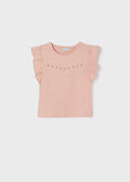 Mayoral Girls Pink Studded Ruffled Shirt, Round Neckline, Front