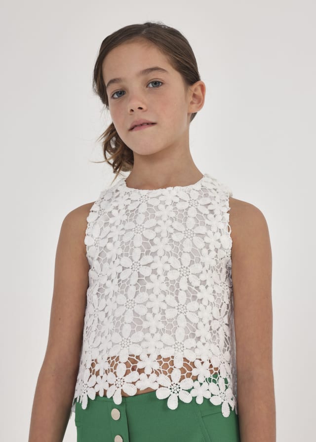 6064 Guipure Lace Sleevelss Cropped Top, White modeled