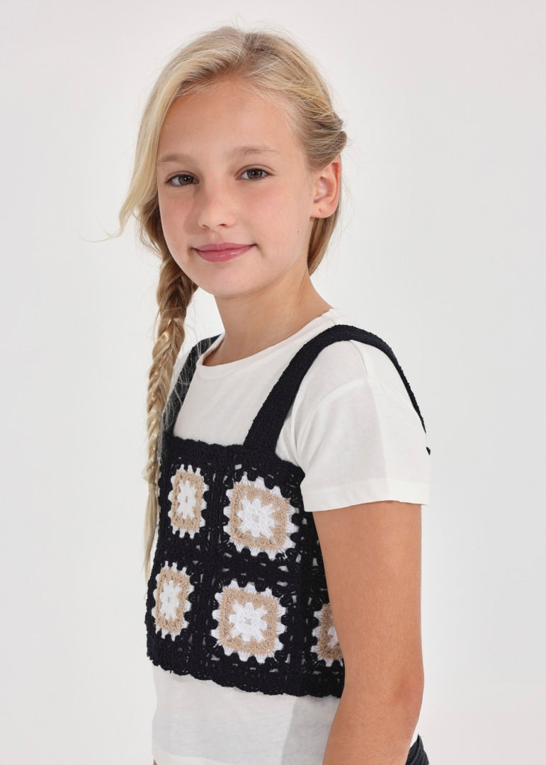 Mayoral girls 2 piece crochet tank & t-shirt set, black/ocher clay, styled on model