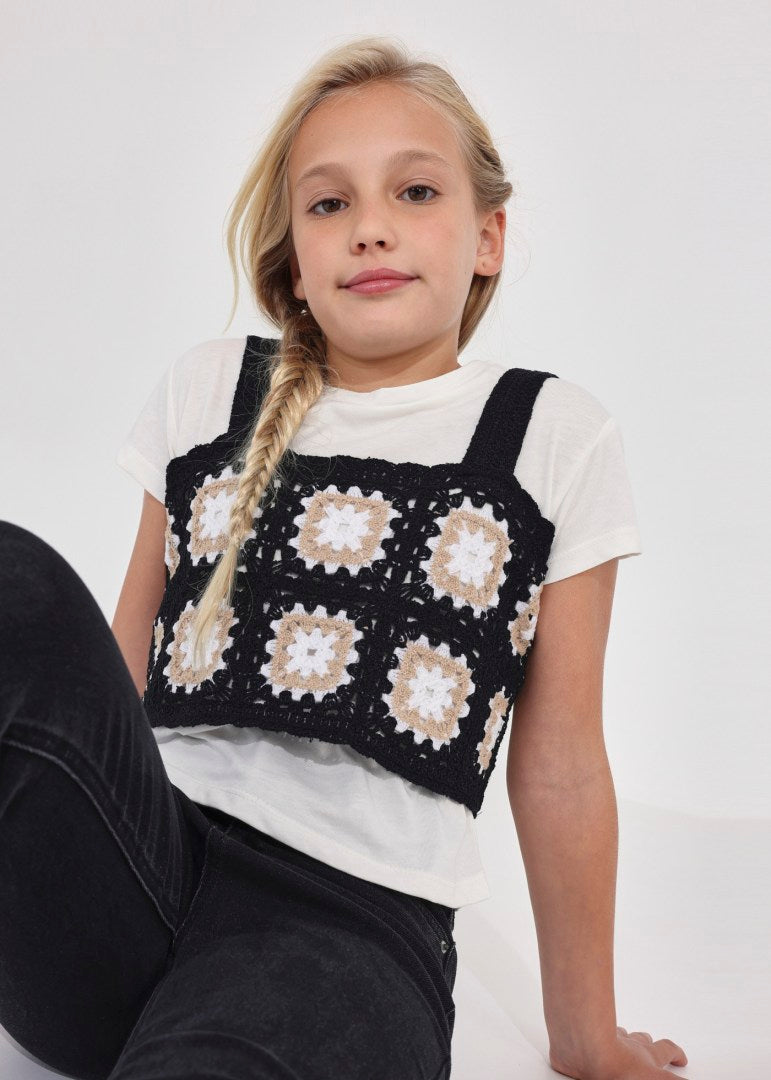 6066 Mayoral Jr Girls 2 PC Crochet Tank & TShirt Set, Black/Oat