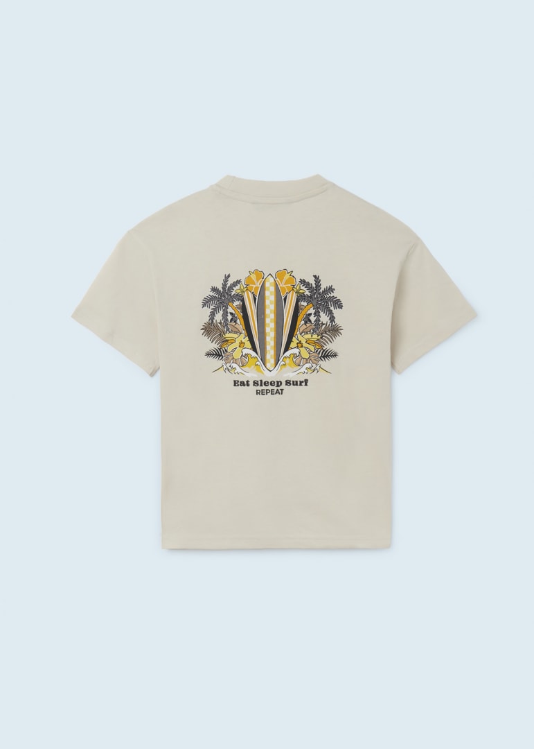 Mayoral jr boys short sleeve east sleep surf graphic print t-shirt, cream, back view