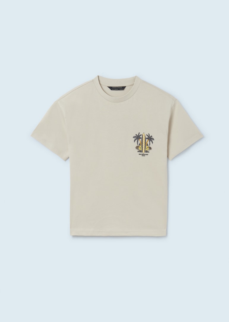 Mayoral jr boys short sleeve east sleep surf graphic print t-shirt, cream, front view