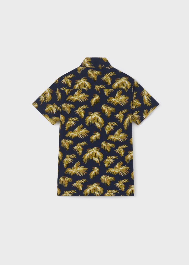 Mayoral jr boys short sleeve collared shirt, palm tree navy, back view