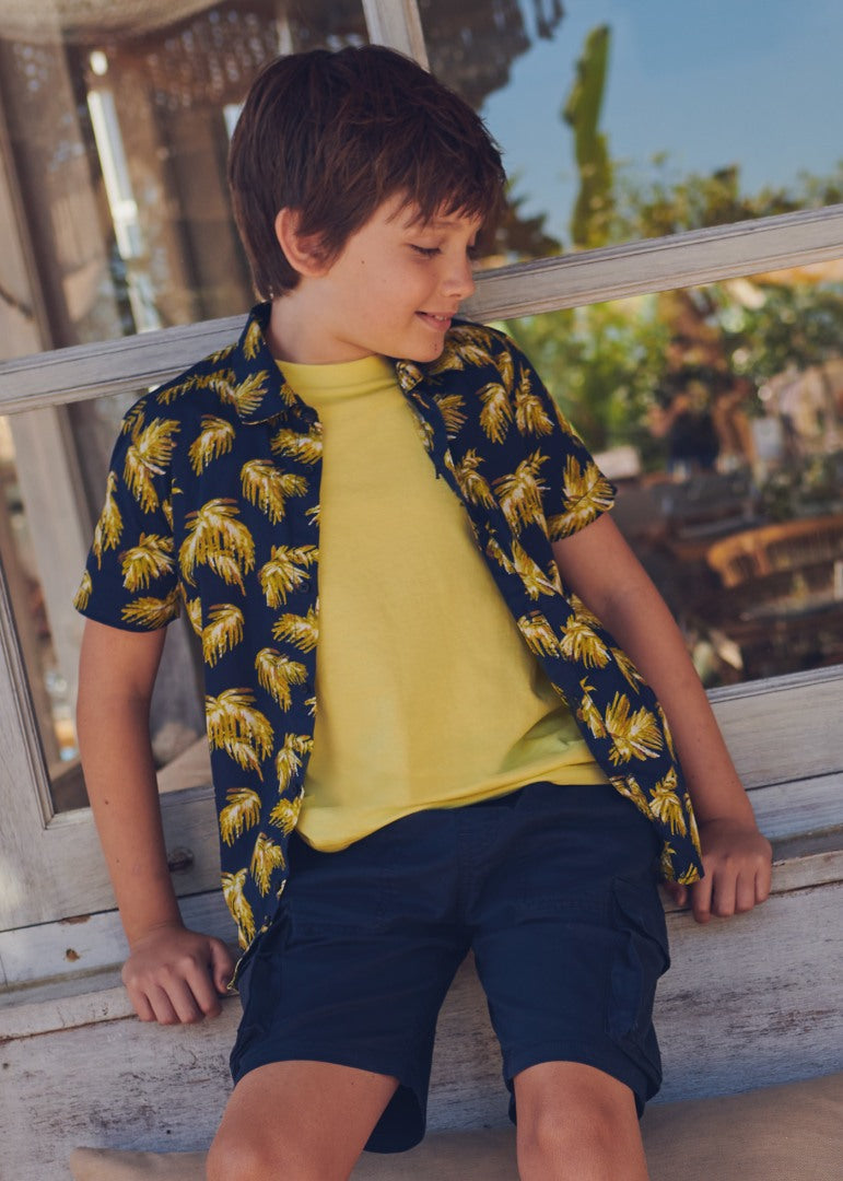 Mayoral jr boys short sleeve collared shirt, palm tree navy, front view