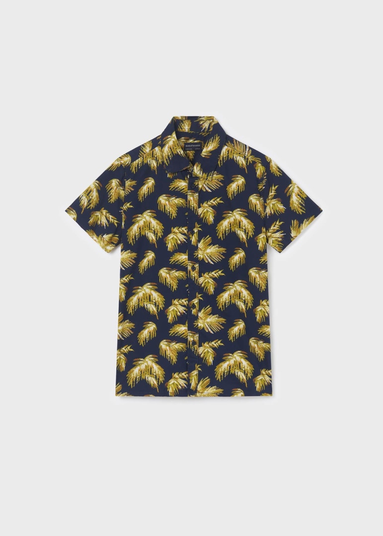 6112 Mayoral Jr Boys S/S Collared Shirt, Palm Tree Navy