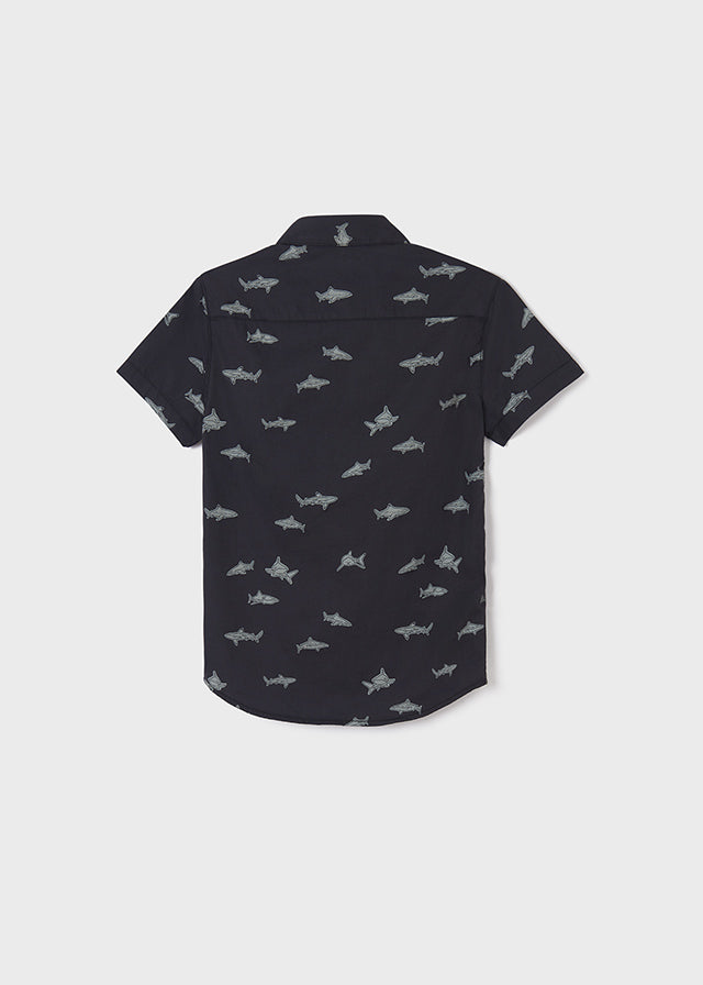 Short Sleeved Collared Shark Printed Shirt, Back