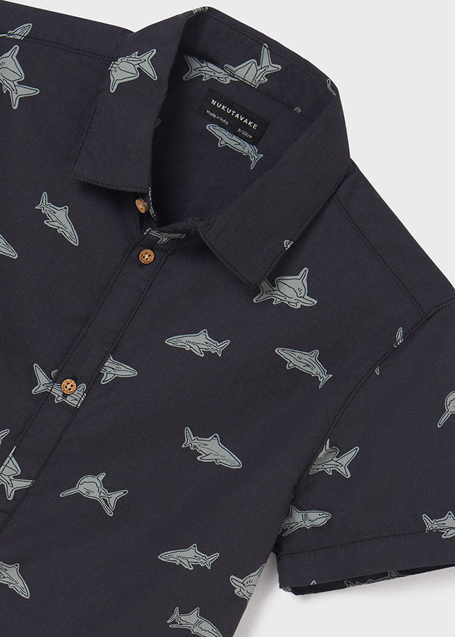 Collared Shirt Shark Printed Shirt, Short Sleeved, Front