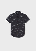 Boys Mayoral Shark Printed Button Down Collared Shirt, Short Sleeve