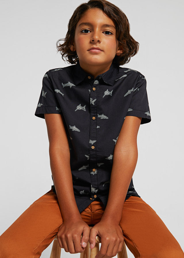 Mayoral Boys Shark Printed Shirt, Collared Shirt, Button Down