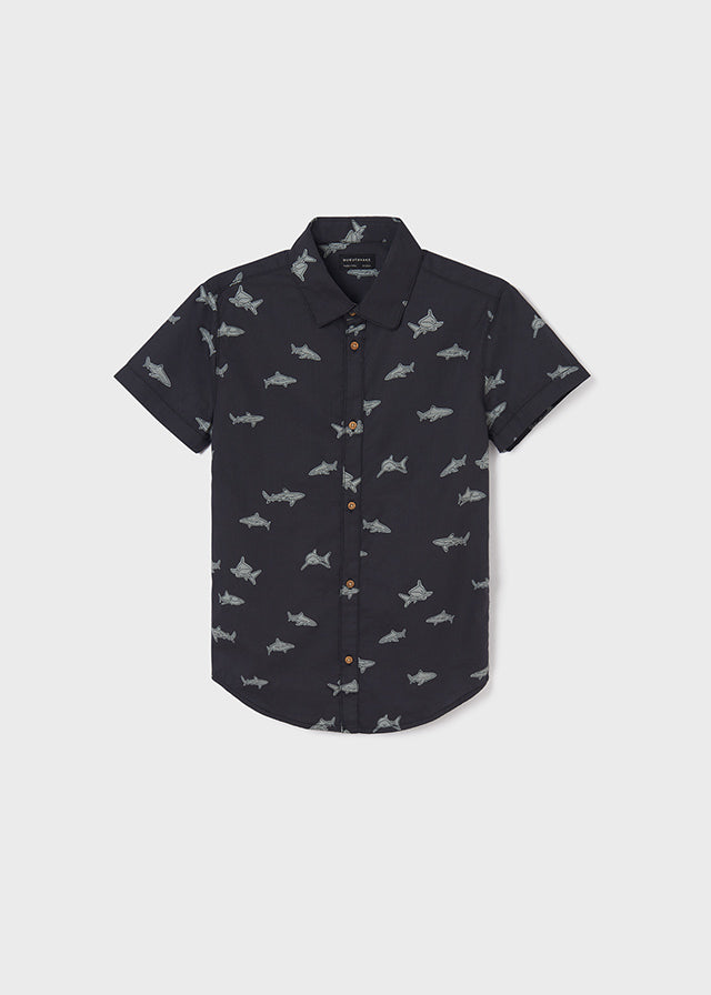 Mayoral boys short sleeve shark printed collared shirt, front view