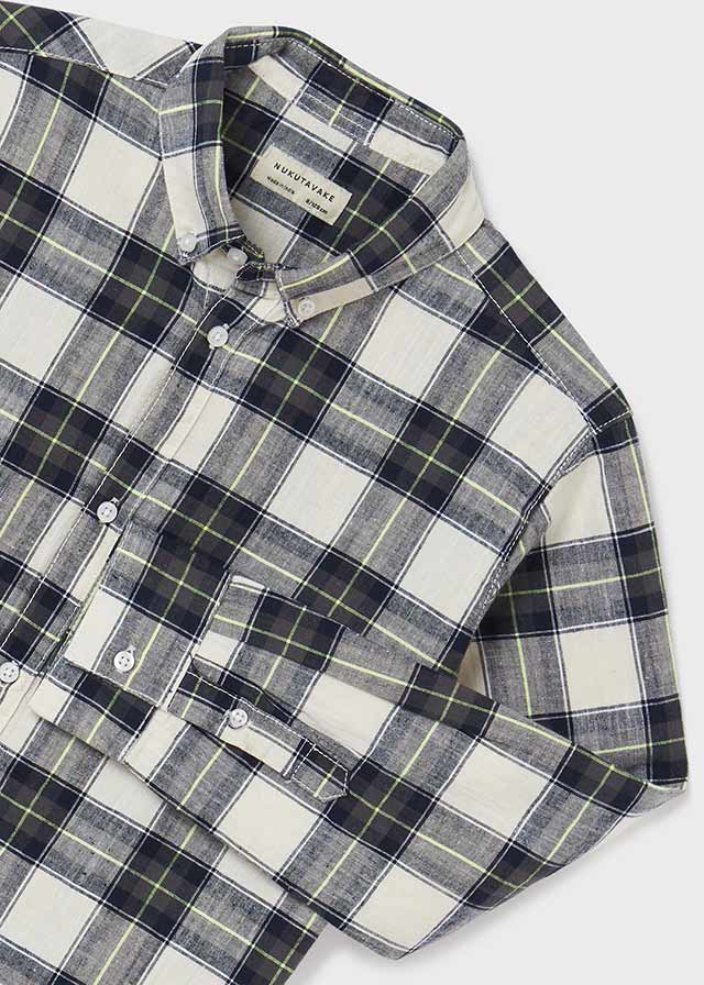 Mayoral Boys Linen Checkered Shirt, Long Sleeved Collared, Front Detail