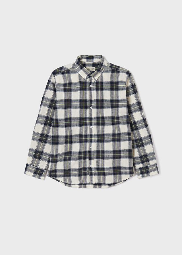 Mayoral Boys Soft Linen Checkered Long Sleeve Shirt, Collared Flannel, Front Central Button Fastening