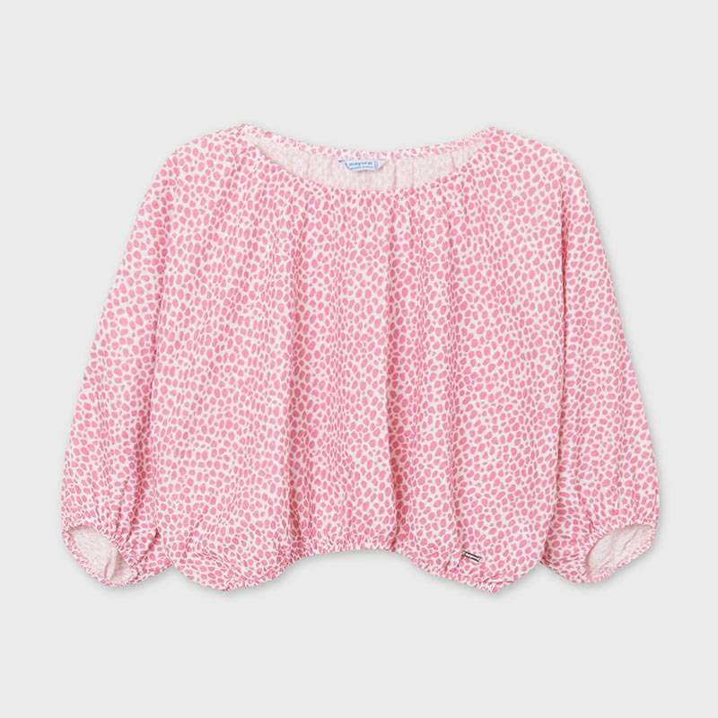 6186 Mayoral Girls Pink and White Polka Dotted Loose Shirt, Long Sleeve, Slight off the shoulder, front