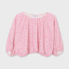 6186 Mayoral Girls Pink and White Polka Dotted Loose Shirt, Long Sleeve, Slight off the shoulder, front