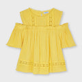 6187 Mayoral Girls Mustard Off The Shoulder Top, Loose Top, Eyelet Lace