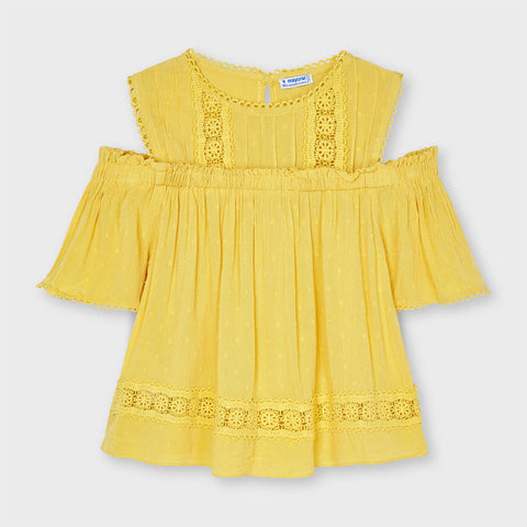 6187 Mayoral Girls Cold Shoulder Crochet Lace Top, Sunshine Yellow