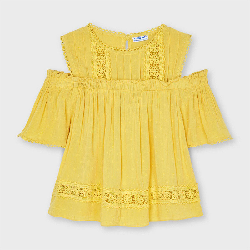 6187 Mayoral Girls Mustard Off The Shoulder Top, Loose Top, Eyelet Lace