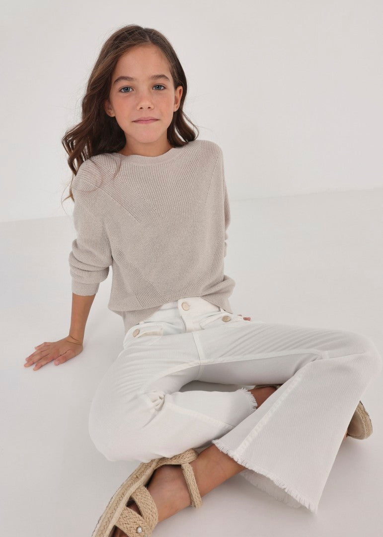 6579 Mayoral Jr Girls High Waist Cropped Flare Pants, White modeled