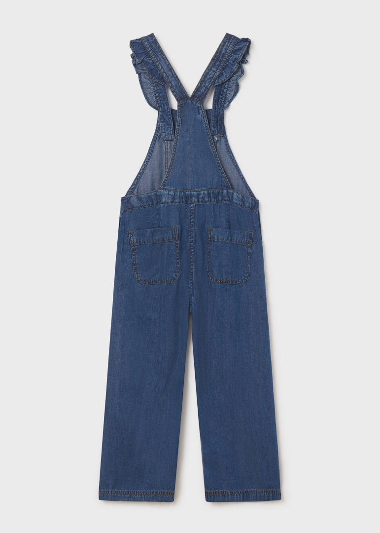 Mayoral girls eco-tencel cropped flutter denim overalls, back view