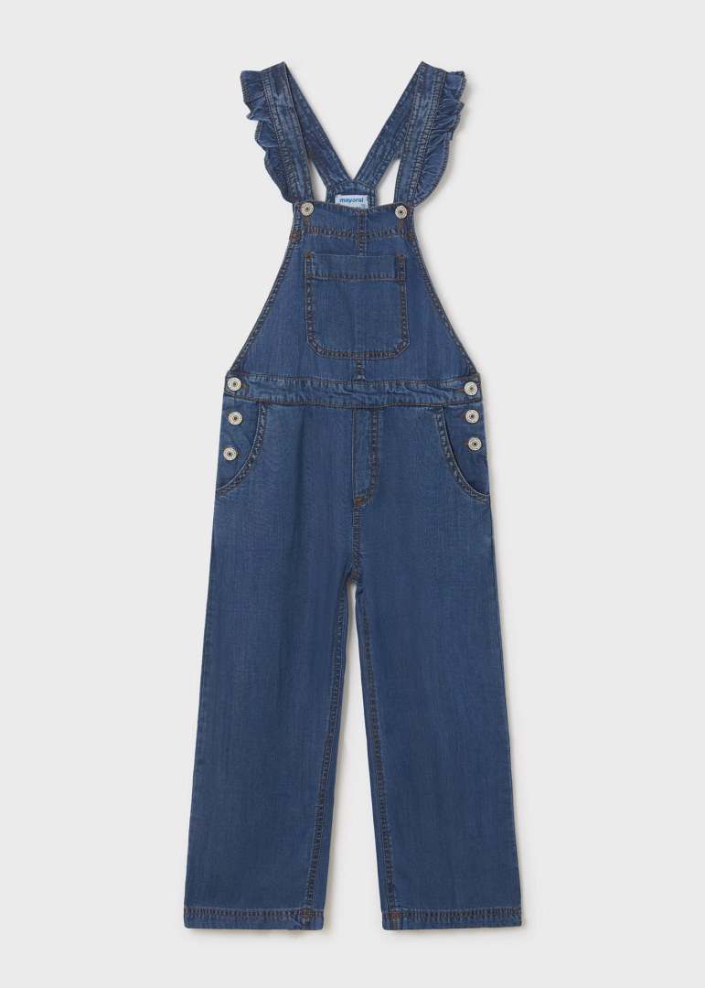Mayoral girls eco-tencel cropped flutter denim overalls, front view