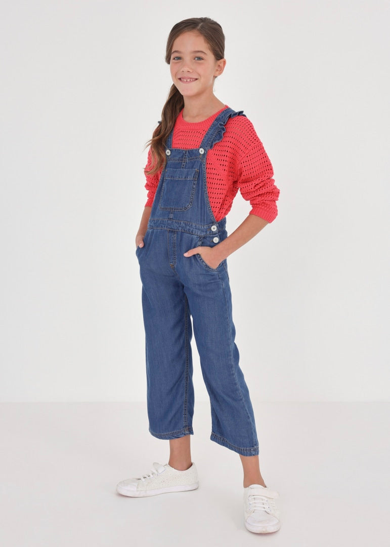  	6650 Mayoral Jr Girls Eco-Tencel Cropped Flutter Denim Overalls modeled 2
