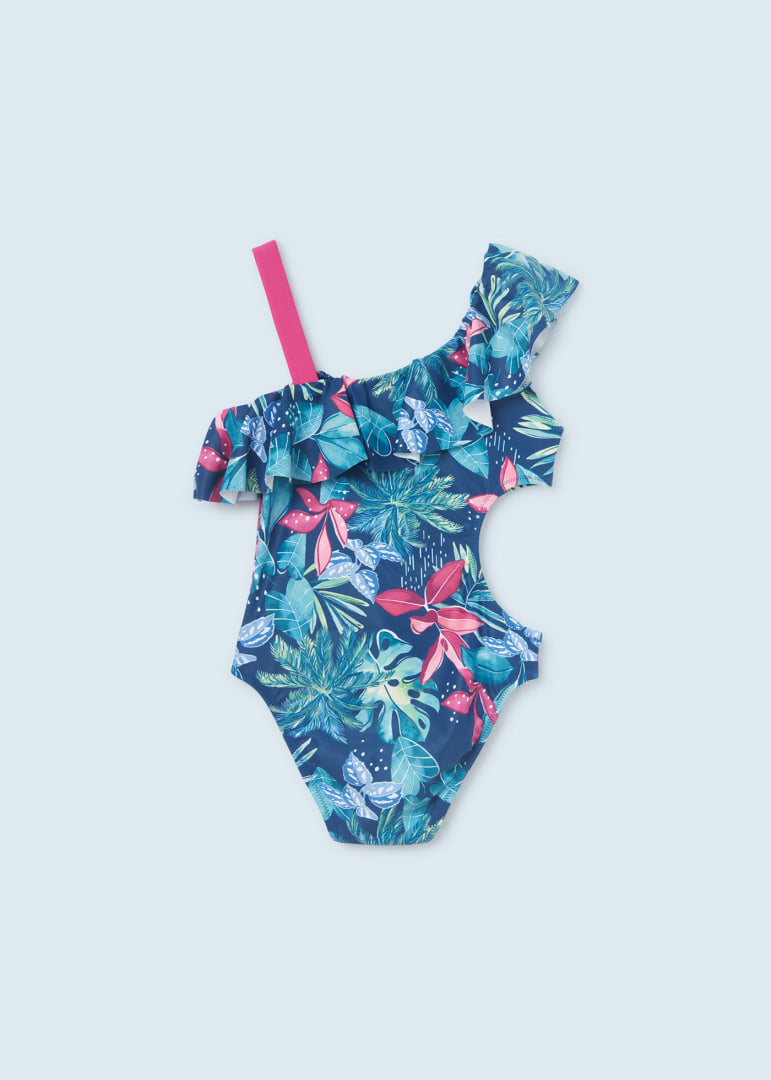 Mayoral cut out one shoulder ruffled onepiece swimsuit, bouganvilla, back view