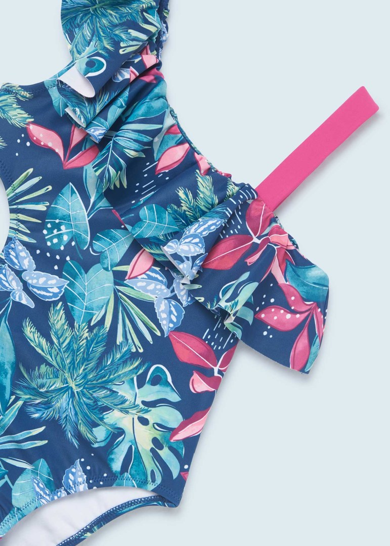Mayoral cut out one shoulder ruffled onepiece swimsuit, bouganvilla, detail
