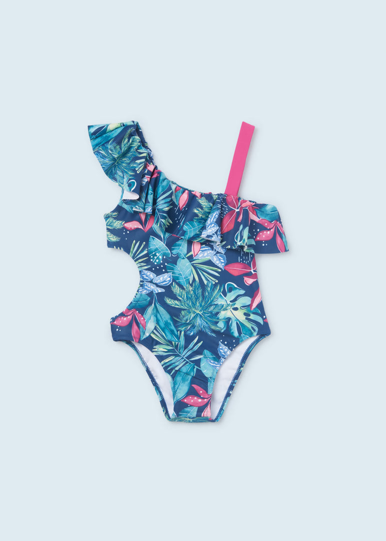 Mayoral cut out one shoulder ruffled onepiece swimsuit, bouganvilla, front view