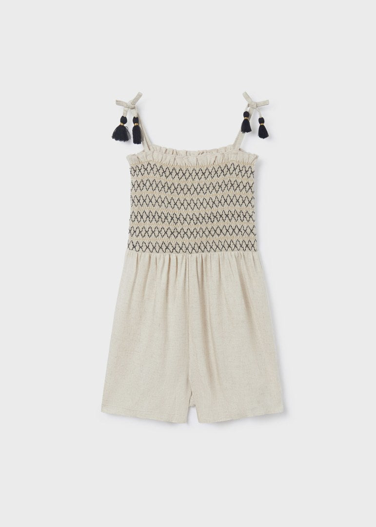 Mayoral girls spaghetti strap smocked romper, linen, front view