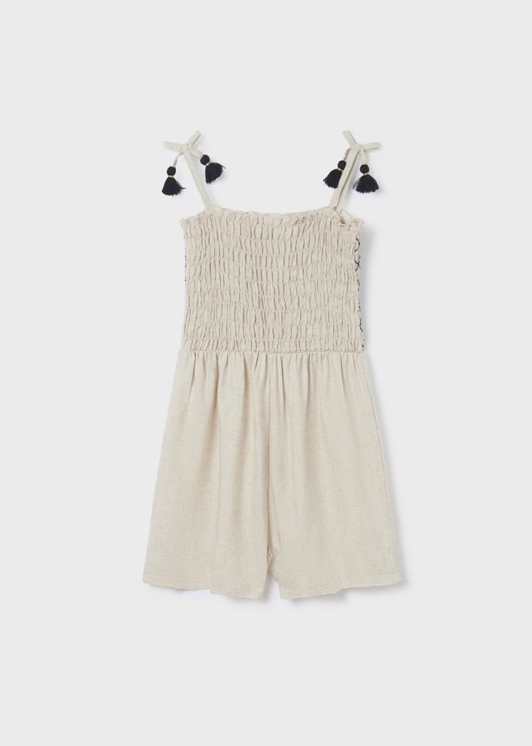 6841 Mayoral Jr Girls Spaghetti Strap Smocked Romper, Linen back